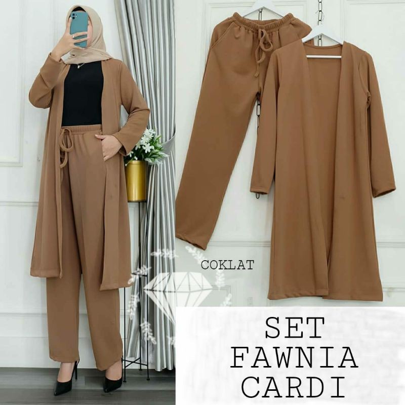 PCS SET FAWNIA FASHION PAKAIAN WANITA SETELAN OUTER CARDI DAN CELANA MOSCREPE KR ADA VIDEO REVIEW ASLI PRODUK