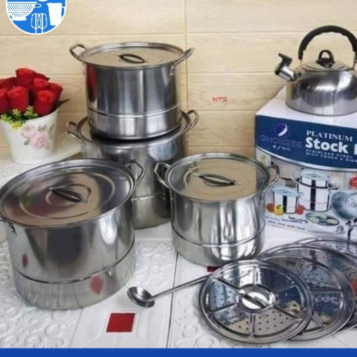 Panci Stockpot Jumbo Onokabe Stainless Steel + Steamer Panci set 14 PCS Dandang + Teko 5.0