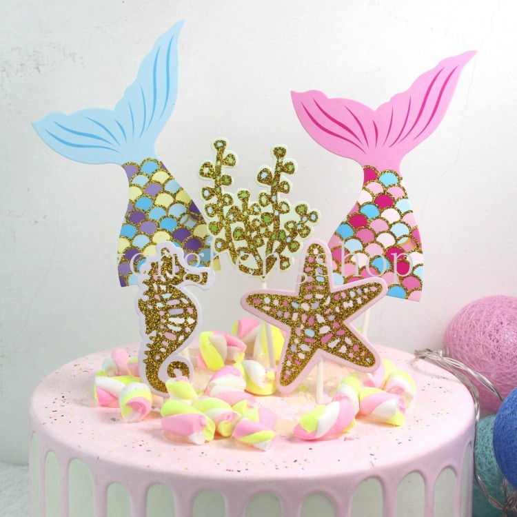 5pcs / set Topper Kue Desain Ekor Mermaid / Bintang Laut Untuk Dekorasi Pesta Ulang Tahun Anak