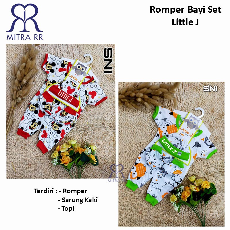 Romper Bayi Set Little J / Jojo Jumper Karakter Newborn 0-6M Baby Gift Set (Romper + Topi + Sarung Tangan Kaki)