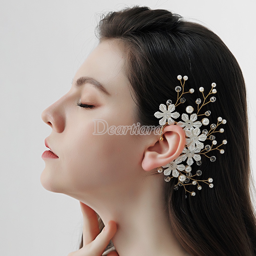 Anting Klip Telinga Handmade Desain Bunga Hias Mutiara Berlian Imitasi Untuk Pengantin