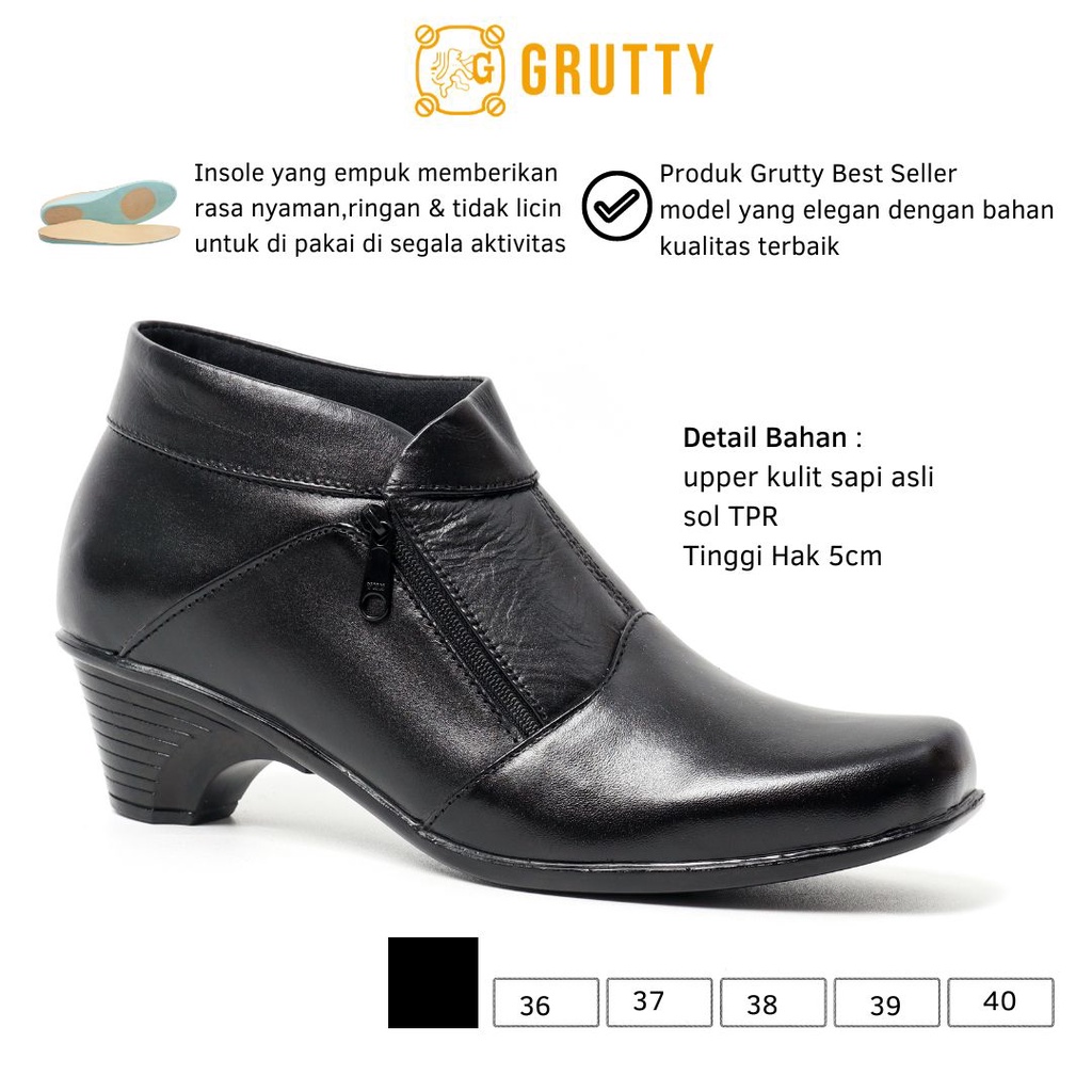 Sepatu Wanita Boots PDH Kulit asli Grutty Jasmin Hitam hak 5cm