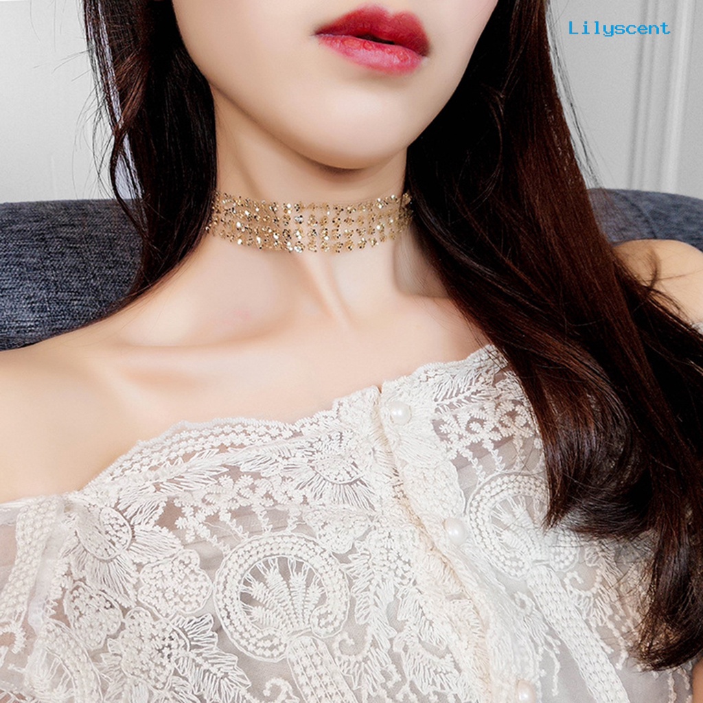 Perhiasan Kalung Choker Wanita Model Shiny Paillette Untuk Pesta Klub