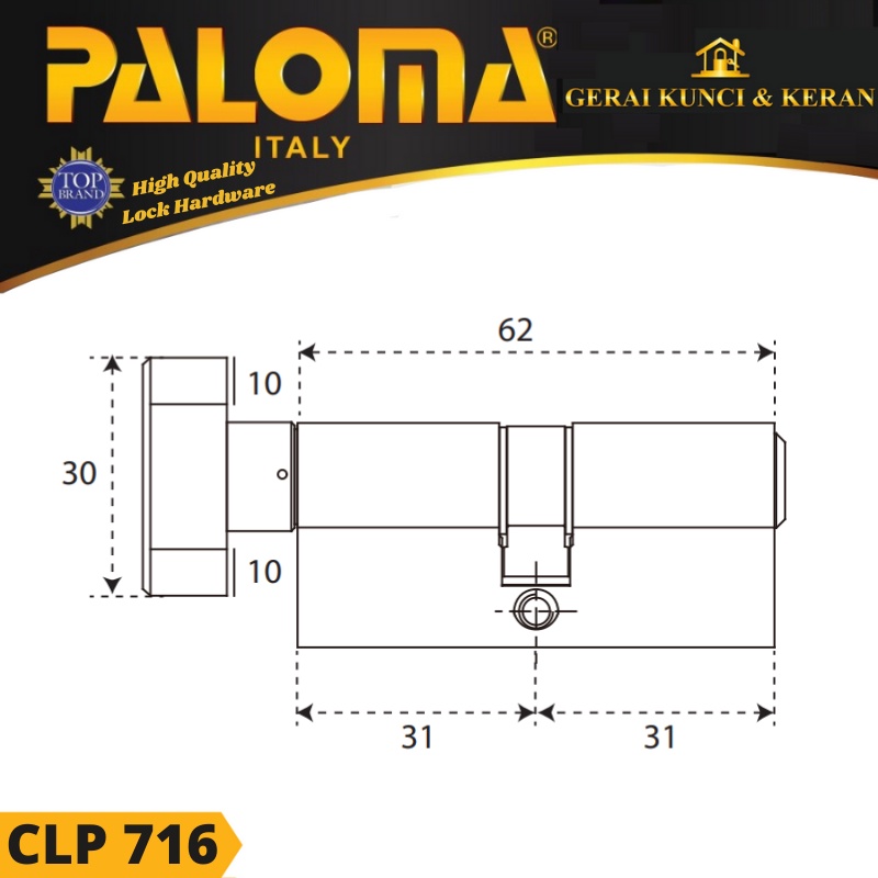 KUNCI Knob Cylinder PALOMA CLP 716 DELUXE 62MM No Key HITAM MATT BLACK