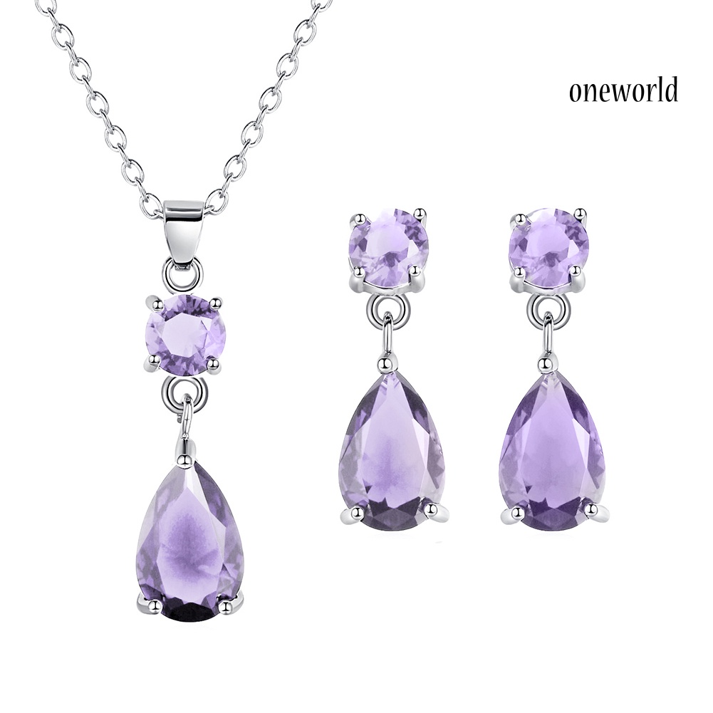 OW@ Fashion Round Drop Zircon Pendant Eardrop Earrings Necklace Women Jewelry Set