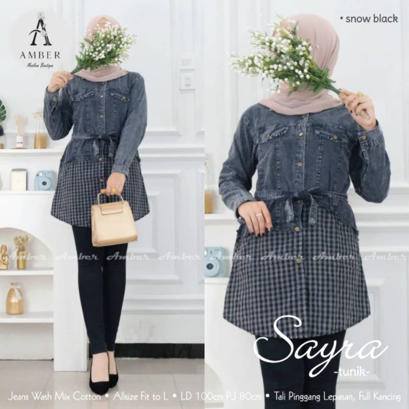 Sayra tunik jeans motif kotak kotak mewah. Atasan remaja tunic import halus tebal