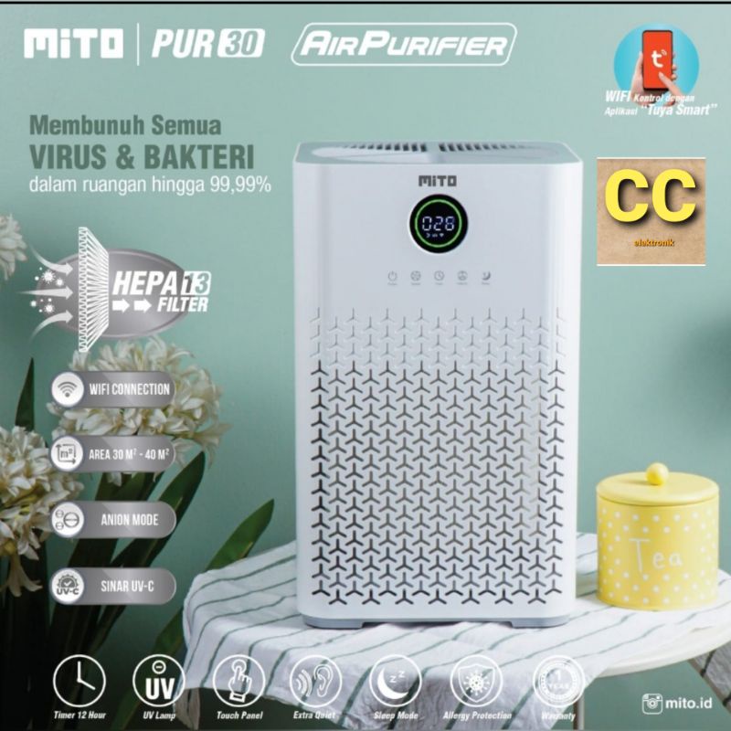 Mito Air Purifier 50 Alat Pembersih Udara with HEPA13 Filter, Sinar UV-C, Alergy Protection &amp; Ion Negatif (Anion) / MITO Air Purifier PUR 30 / Alat Penyaring Udara Smart MITO PUR30 GARANSI RESMI