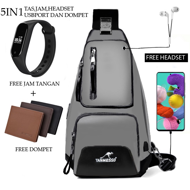 TANMESO 5IN1 BAYAR DITEMPAT- JAM LED -HEADSET- DOMPET -BAHAN GLOOSY PREMIUM BUKAN KANVAS ATAU PARASUT-USBPORT -TAS WATERPROOF-TAS SELEMPANG PRIA-SLING BAG PRIA