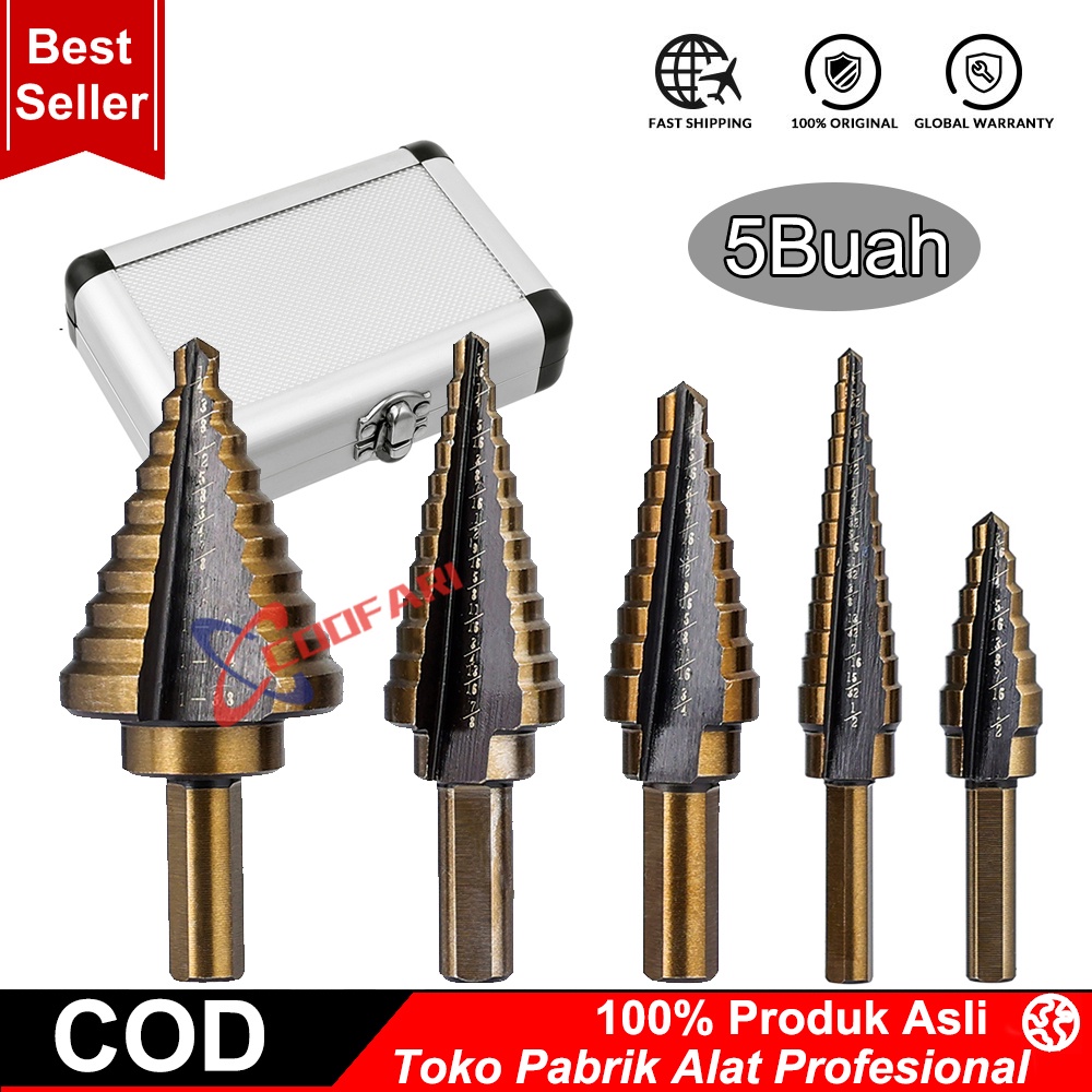 Mata Bor - 5 PCS - untuk melubangi besi, kuningan, kayu, plastik dan lainnya - memiliki marking-marking ukuran sehingga Anda dapat mengetahui ukuran lubang yang diciptakan bor Anda - Material: HSS Titanium - Desain Pagoda Spiral