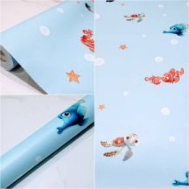 Grosir Murah Wallpaper Sticker Dinding Warna dasar Biru Muda Motiff Dunia Laut