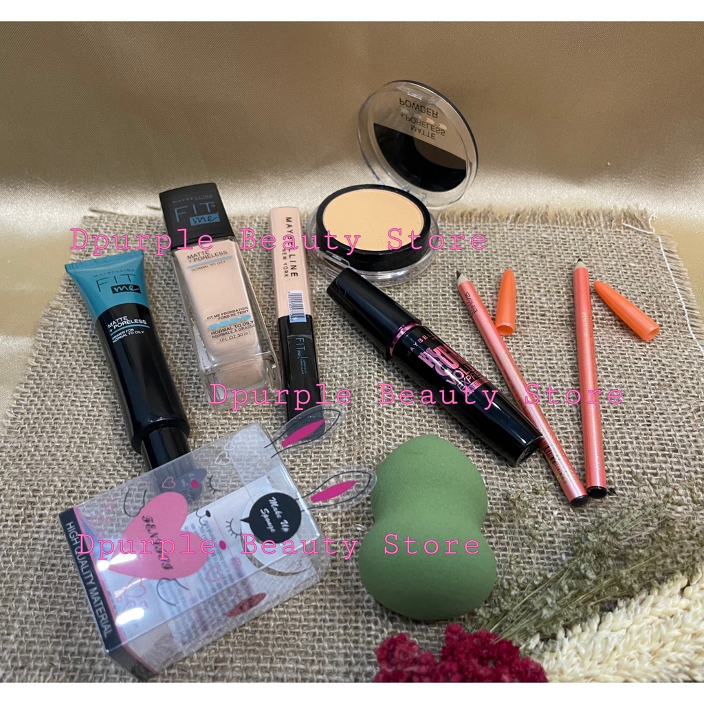 COD - Maybelline Fashion Week Set 9 in 1 - Paket Makeup Maybelline 9 in 1 - Bedak Padat - Fondation - Concealer - Primer - Maskara - Eyeliner - Lipcream - Pensil Alis 2 pcs Hitam &amp; Coklat - Gratis Beauty Blender / Spon Telur