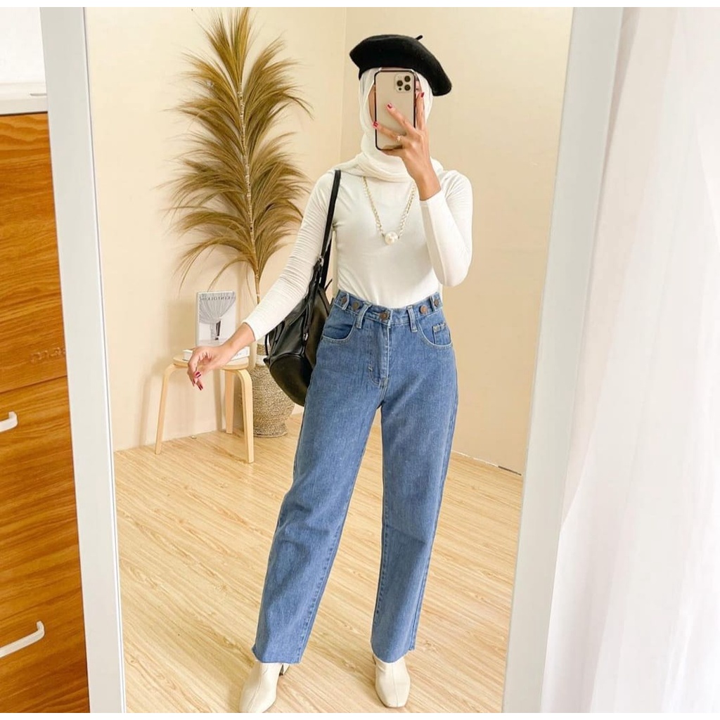 FWR - Highwaist Loose Jeans Wanita Yuri Korean style