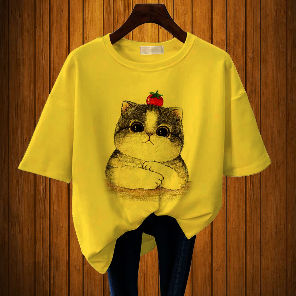 CALVIERO SHOP - BAJU KAOS WANITA DEWASA PRINT CHUBBY CATS CASUAL