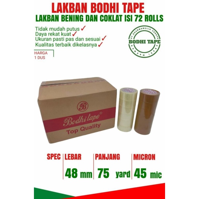 

LAKBAN BENING/COKLAT BODHI TAPE UKURAN 48MM X 75YARD 1 DUS GOJEK/GRAB