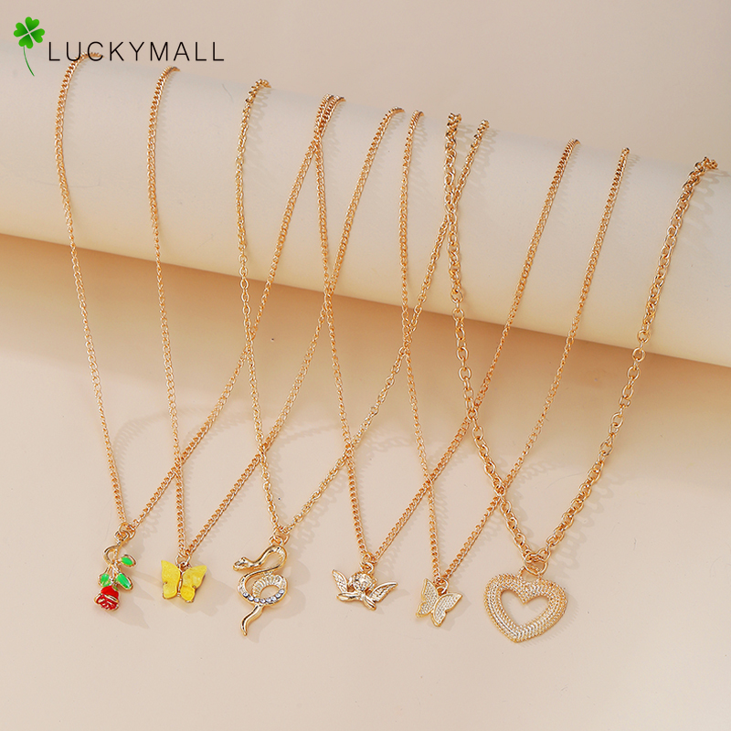 6pcs / Set Kalung Rantai Choker Liontin Bunga Butterfly Warna Emas Gaya Retro Korea Untuk Wanita