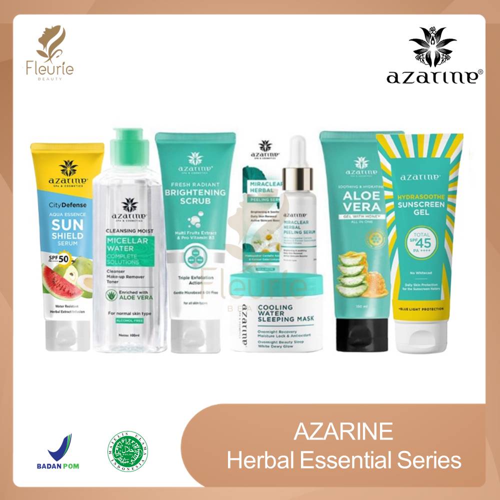 Azarine Herbal Essential / Suncare Series - Miraclear Peeling Serum/ Hydrasoothe Sunscreen / Cooling Water / Micellar Water / Aloe Vera Gel / Brightening Scrub / Aqua Essence Sun Shield Serum Original BPOM