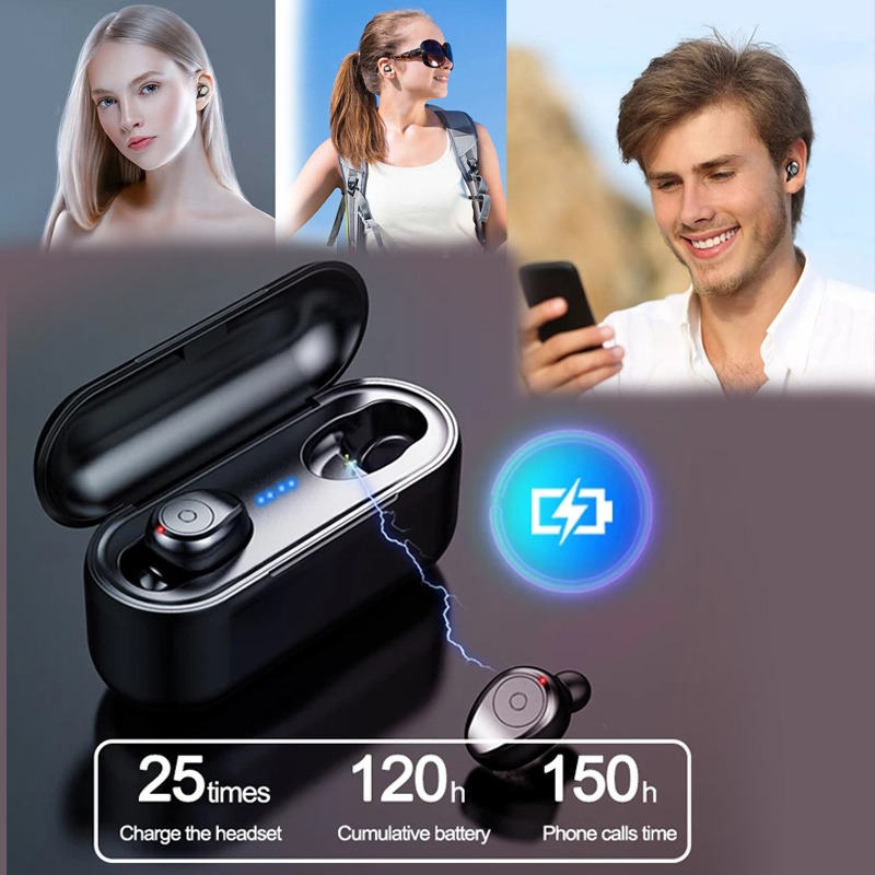 Earphone Nirkabel Bluetooth 5.0 Powerbank Dock 2000mAh Tahan Air