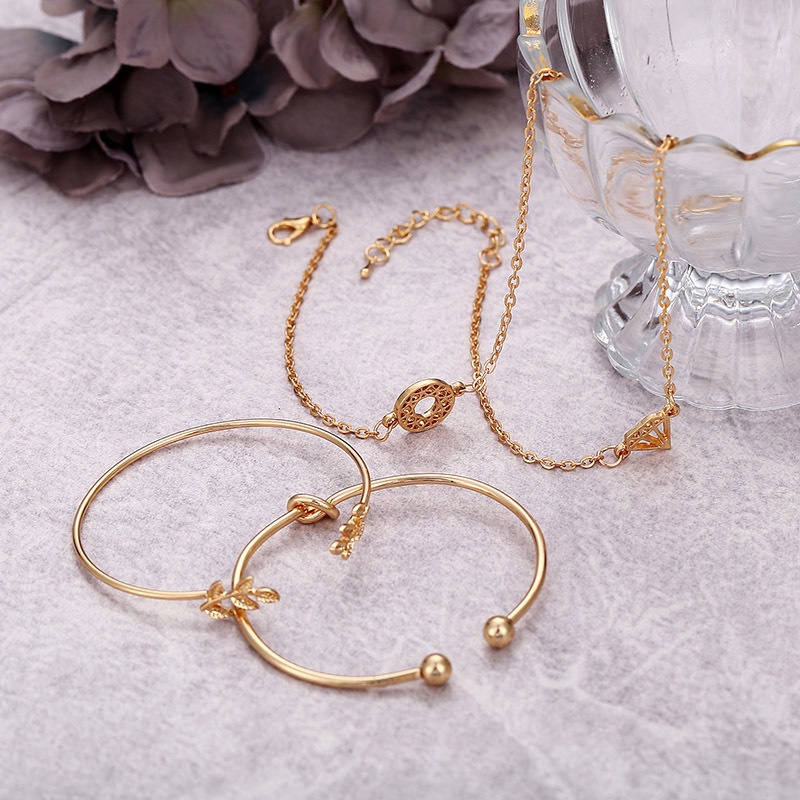 4pcs / Set Gelang Bangle Terbuka Adjustable Desain Daun Gaya Bohemia Untuk Wanita