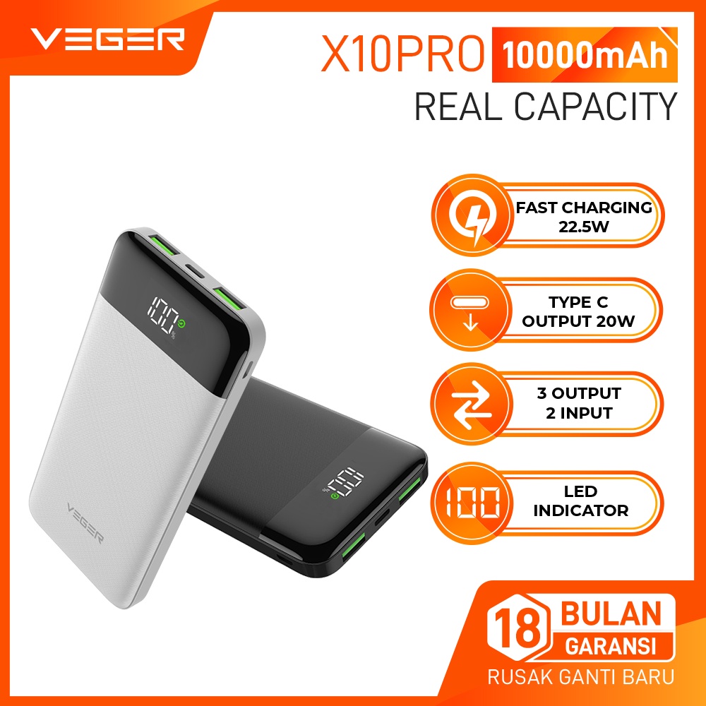 VEGER Powerbank X10 PRO 10000mAh 2 USB LED Digital Display Quick Charge
22.5W PD 20W Power Bank