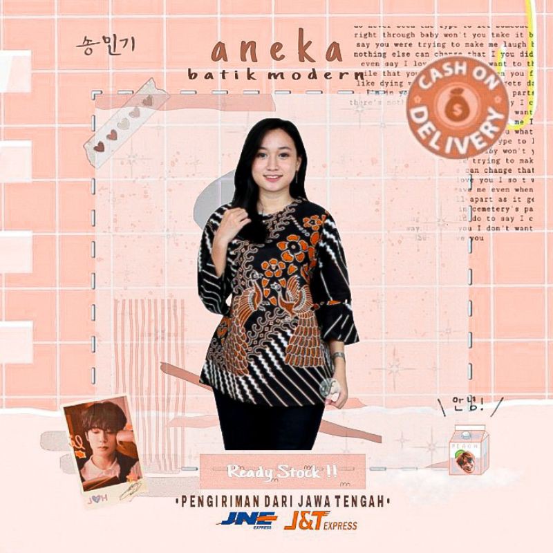 ATASAN BAJU BATIK WANITA BLOUSE BLUS WARNA HITAM ORANGE PUTIH KONDANGAN KERJA FORMAL LEBARAN