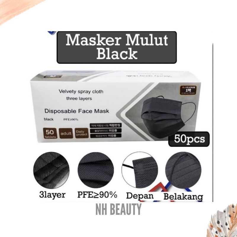 Masker EARLOOP 3ply HITAM 1box Isi 5pcs Disposable Face Masker Medis Sensi Masker Murah Sekali Pakai