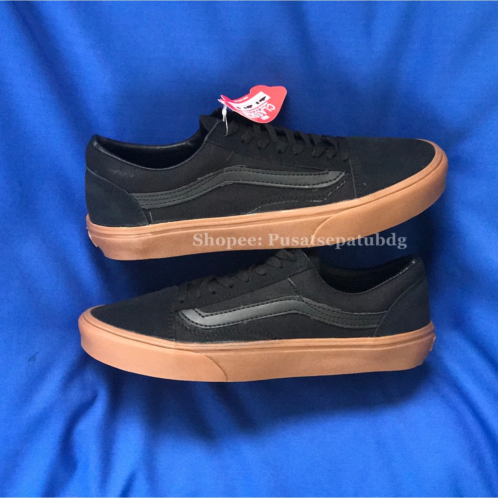 VANS OLDSKOOL BLACK GUM MONO HITAM COKLAT WAFFLE DT