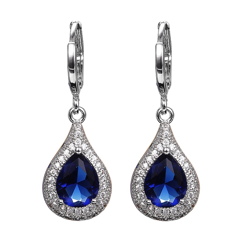 Anting Juntai Cubic Zirconia Bentuk Water Drop Warna Biru Untuk Wanita