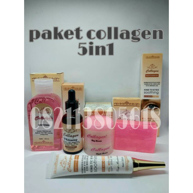 PAKET CREAM COLLAGEN COMPLIT 6 IN 1 [ CREAM SIANg MLM.TONER.SABUN.SERUM COLAGEN.SRM KANTONG MTA]