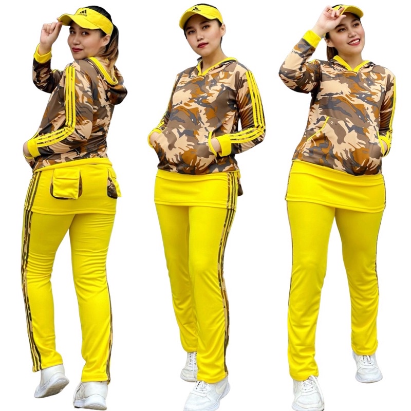 Setelan  Army Rok Kuning Set Senam Baju Gowes Gym Cycling Jogging Training Wanita Muslim