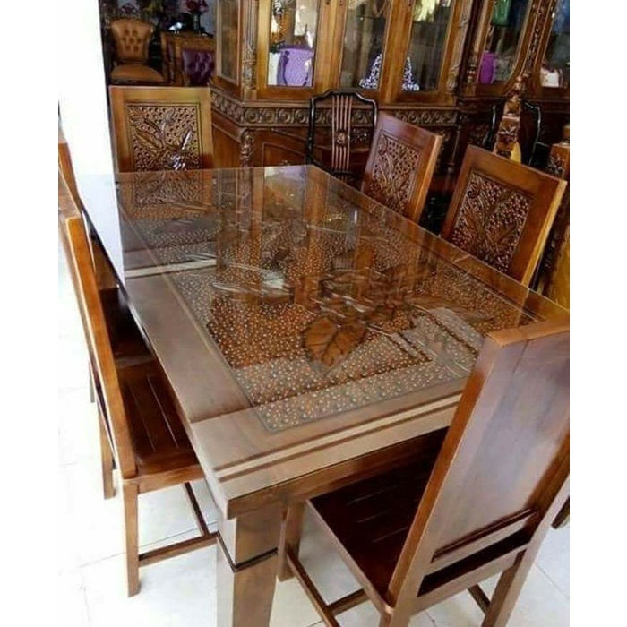 Meja makan panjang kursi 6 ukir bahan  kayu jati dan kaca meja