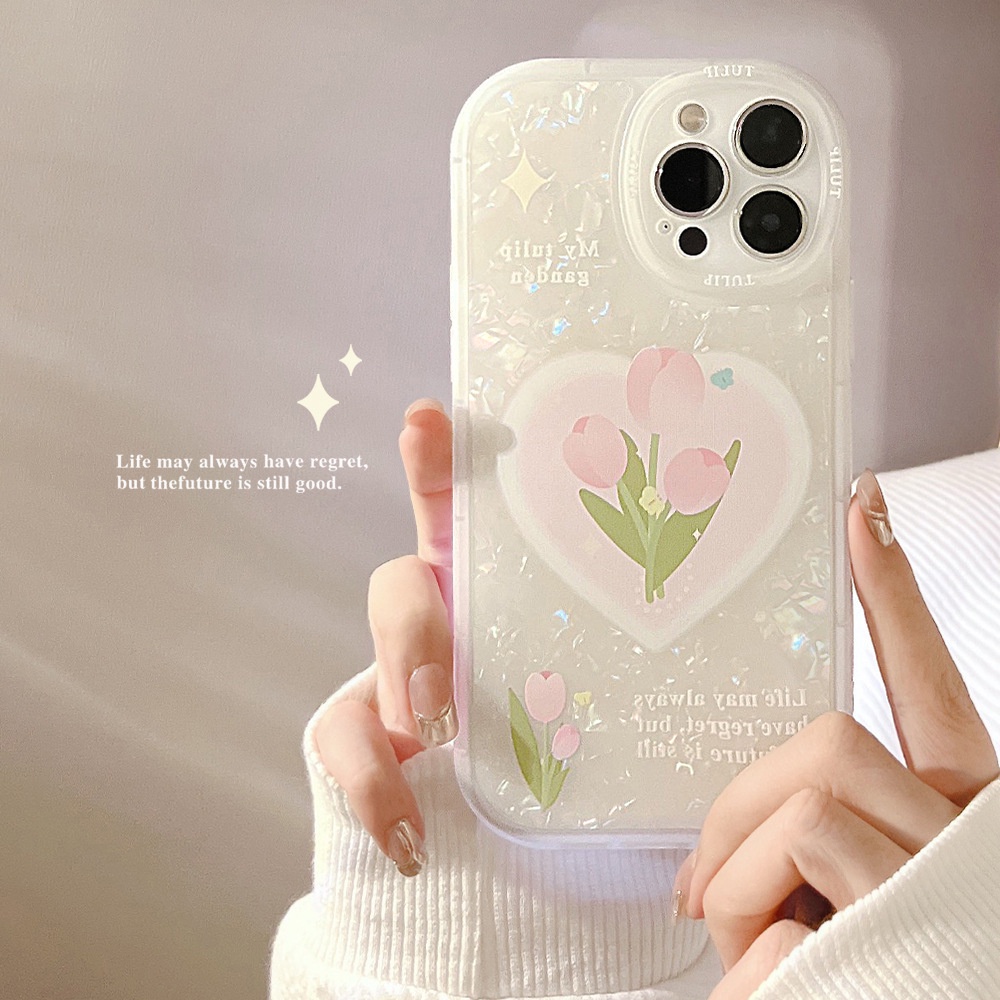 Shell Pattern Love Heart Pink Tulip Anti-fall Phone Case Cover for Iphone 7 8 PLUS X XR XS 11 12 13 14 MINI PRO MAX SE 2020