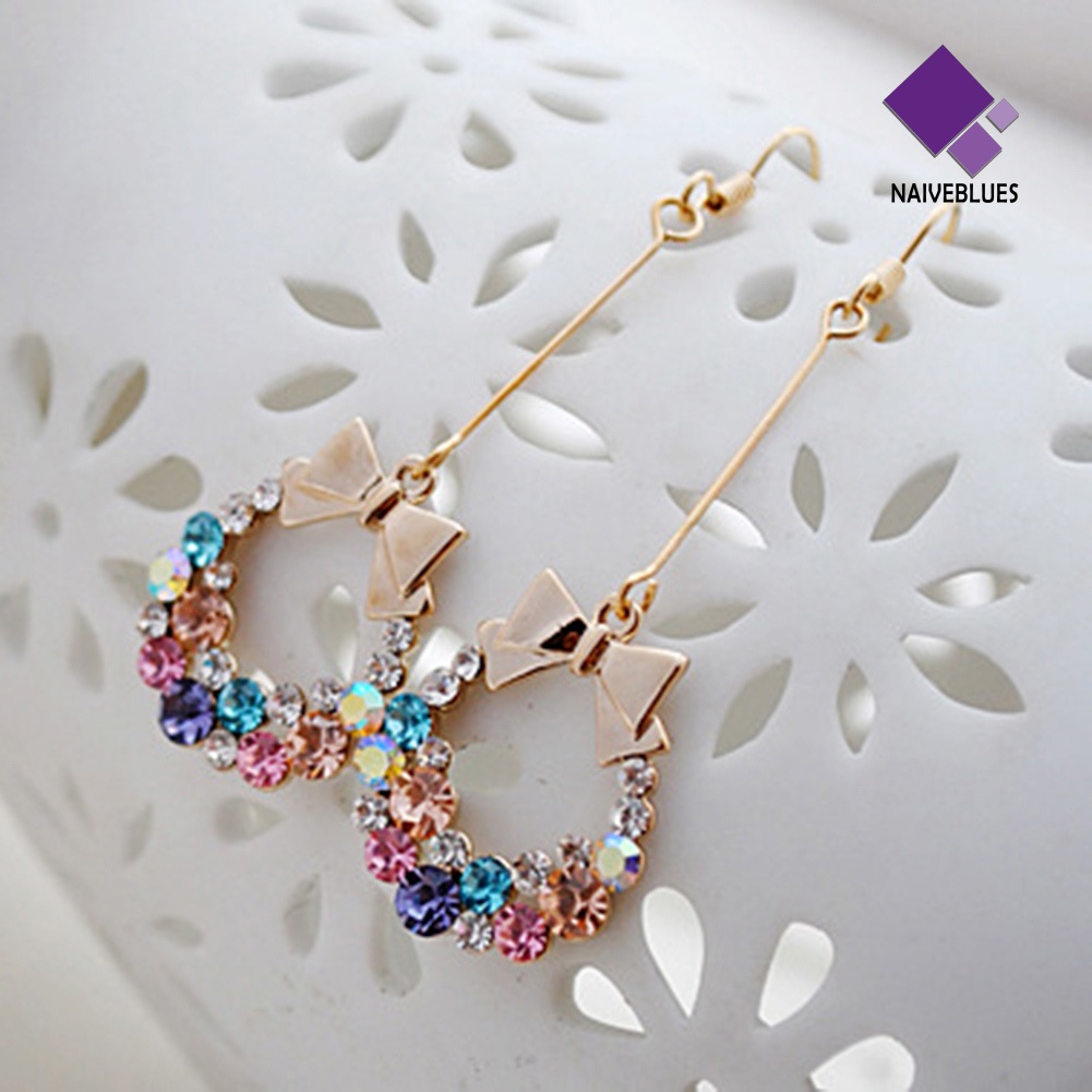 Naiveblue Anting Kait Gantung Panjang Wanita Desain Pita Hias Berlian Imitasi Multi Warna