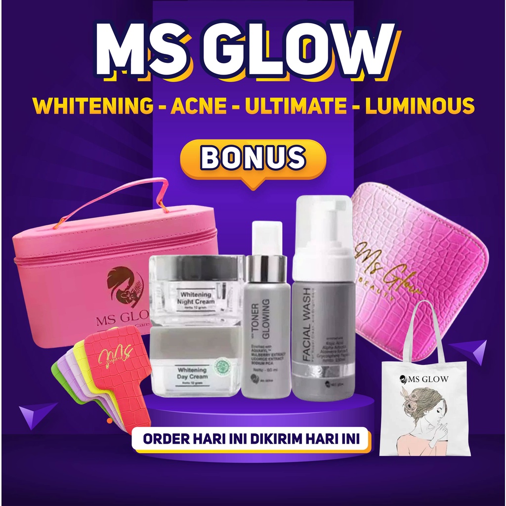 MS Glow Paket Wajah Whitening Acne  Ultimate Luminous Dengan Facial Wash Toner Day Cream BB Cream Night Cream Serum Red Jelly 100% Original Free Bonus