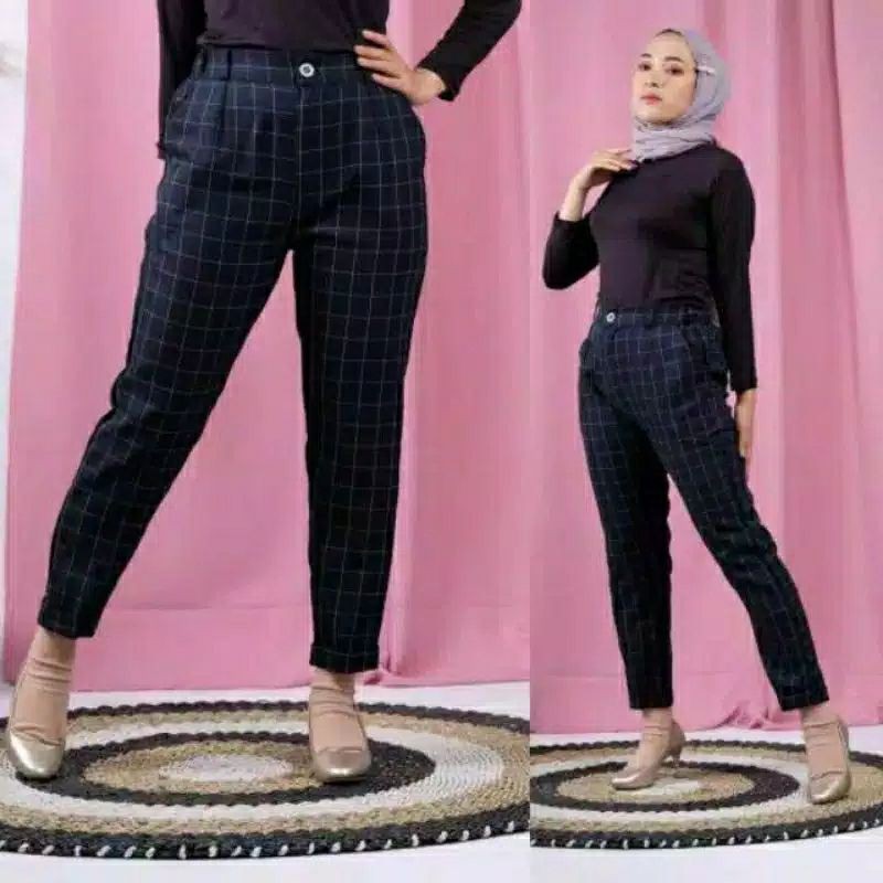 TARTAN PANTS STRADIVA /GESYA PANTS TARTAN / CELANA PANJANG WANITA MOTIF KOTAK DAN SALUR