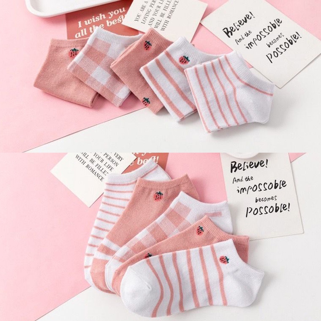 ❤GTB❤ Kaos Kaki Wanita Motif Kotak Pink Strawberry Fashion Korea Women Sock Import R601