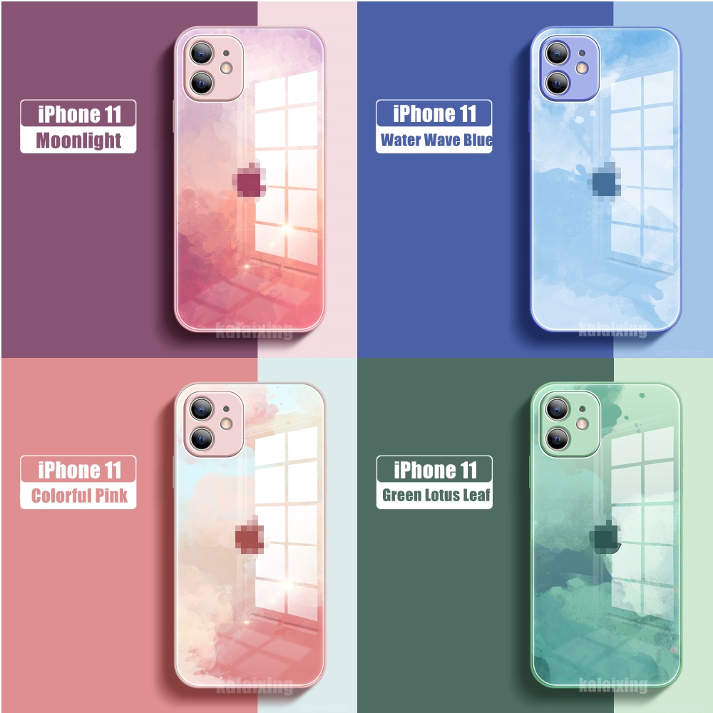 Watercolor Tempered Glass Case untuk iPhone 11 Xs Max XR X 12Mini 7Plus 8 Plus SE 2020 Cover