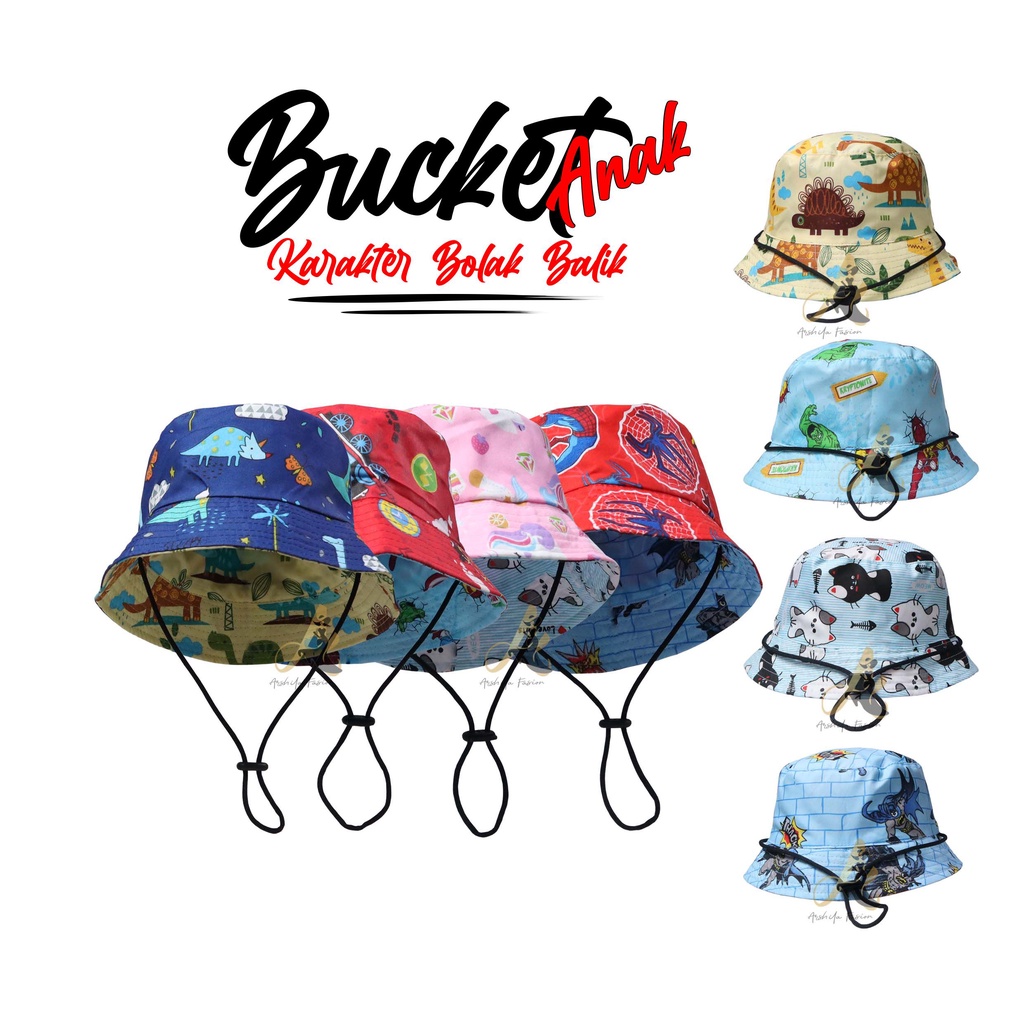 Topi Bucket Anak Karakter Bolak Balik Ada Tali / Bucket Anak Tali 2 Karakter Bolak Balik