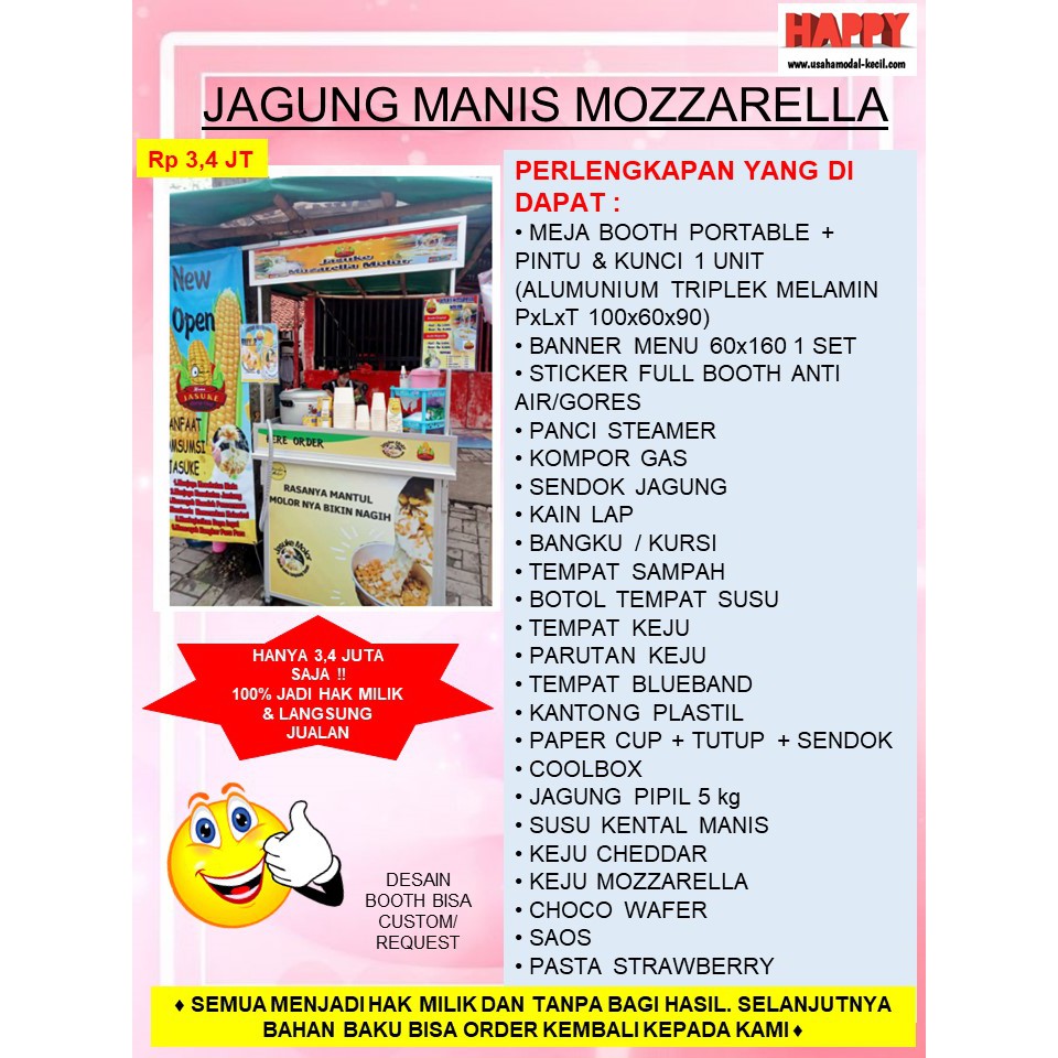 

PAKET USAHA FRANCHISE MAKANAN TERMURAH JAGUNG MOZZARELLA KEKINIAN - GEROBAK BOOTH PORTABLE KEMITRAAN