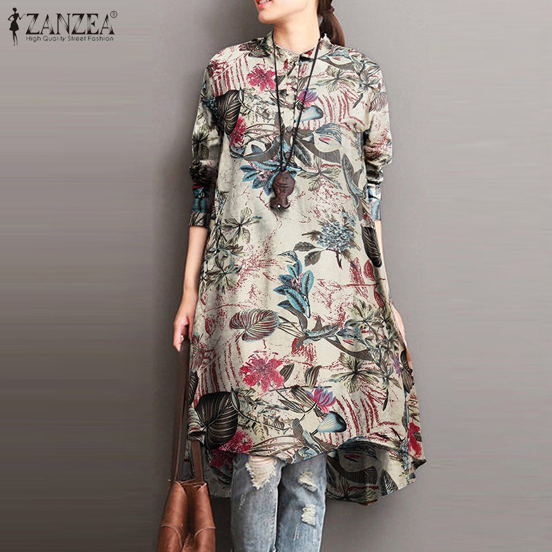 ZANZEA Women Buttons O Neck Long Sleeve Floral Print Long Blouse