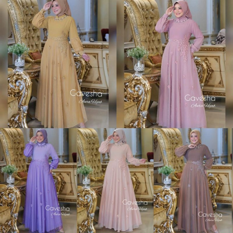 READY Gavesha Gown ORIGINAL By Aura Hijab | Gavesha dress| dress pesta ld108 |dress tile bordir