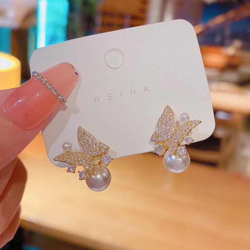Anting Stud Zircon Desain Kupu-Kupu Bahan S925 Silver Needle Untuk Wanita