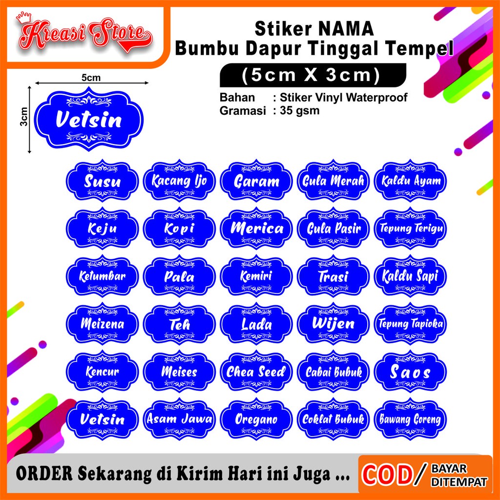 

COD✔ Stiker Label Nama Bumbu Dapur Anti Air Isi 30 Pcs Ukuran 3x5cm