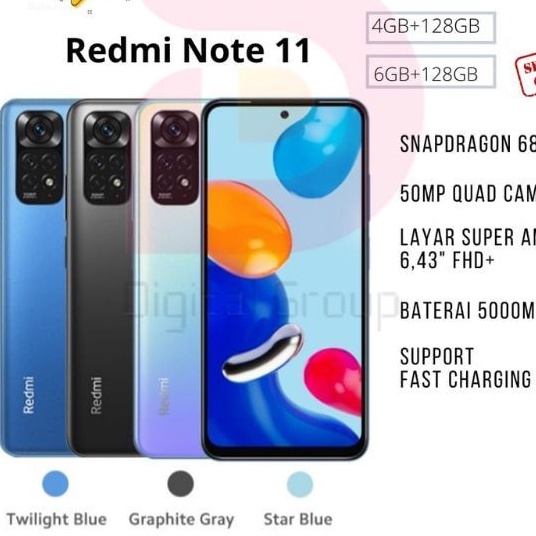 XIAOMI REDMI NOTE 11 NOTE11 RAM 6GB 4GB ROM INTERNAL 128GB 4/128 6/128 ORIGINAL NEW BARU 100% GARANS