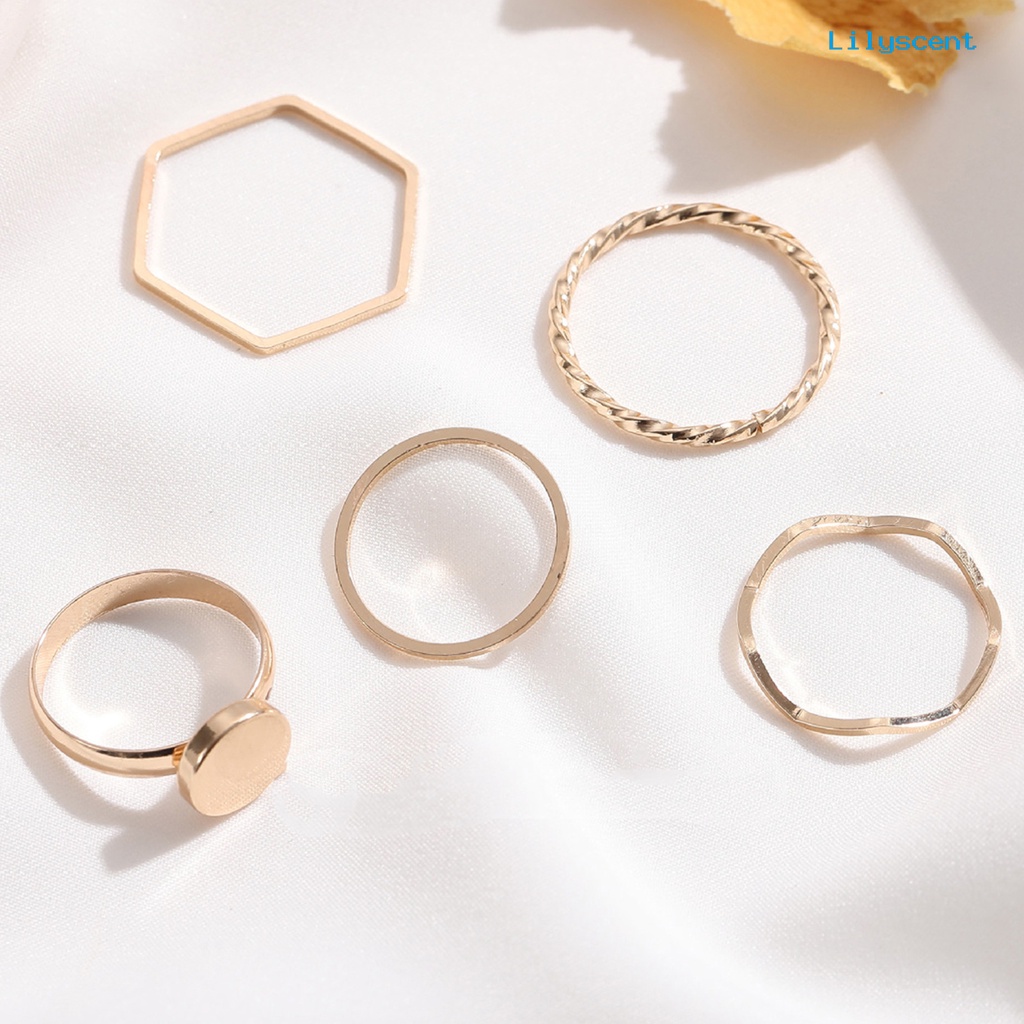 5pcs / Set Cincin Tipis Bahan Alloy Warna Emas Untuk Wanita