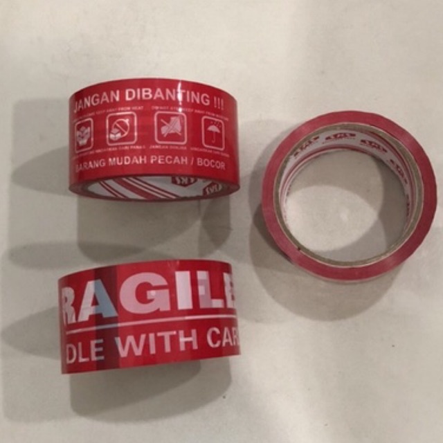 

Lakban merah fragile 72y lem karton lak ban kardus opp paket 2" inci jangan dibanting barang mudah pecah bocor handle with care FRAGILE RED