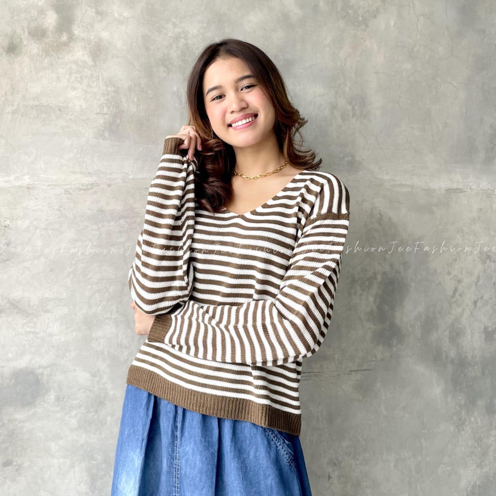 Belleza Outlet baju rajut Cardigan rajut atasan wanita Strippy