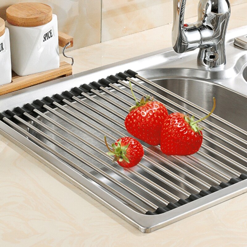 Rak Pengering Piring Gulung Multi Guna Rolling Drainer Over Sink Mat Tahan Panas Stainless Steel Dapat Dilipat Untuk Dapur