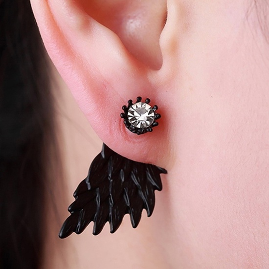 Hu Hu Hu Hu Hu Alat Bantu Pasang Kacamata♡ Anting Tusuk Retro Gothic Desain Sayap Malaikat Hias Berlian Imitasi Untuk Wanita