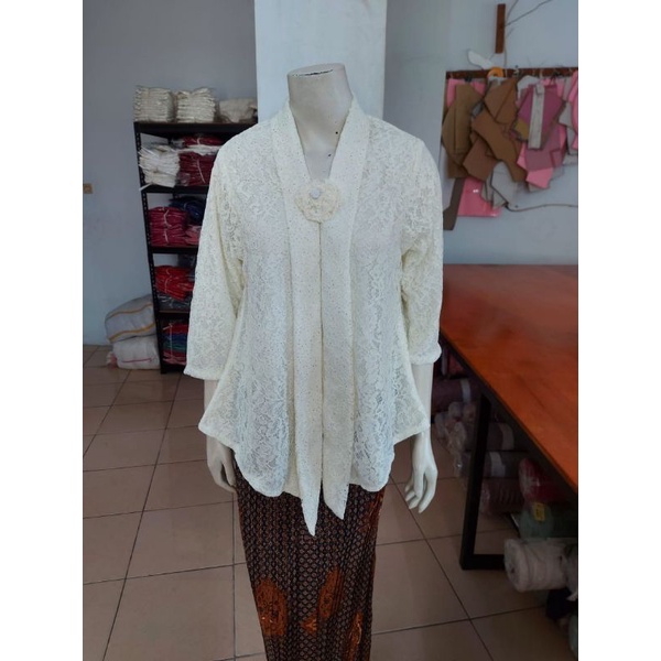 (BrL110) Kebaya floy BROKAT GLITTER & FOIL EMAS 7/8 lurus jumbo KeroncongBusana-BrokenWhite, GLITTER