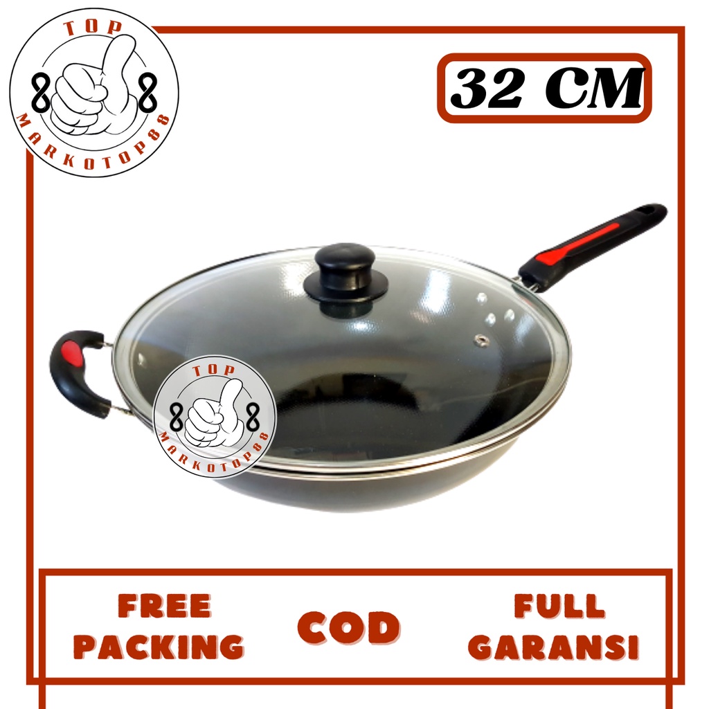 WAJAN PENGGORENGAN ENAMEL 32 CM GSF 1032 WOK WAJAN PANCI KUALI PENGGORENGAN PEGANGAN TUTUP KACA ANTI